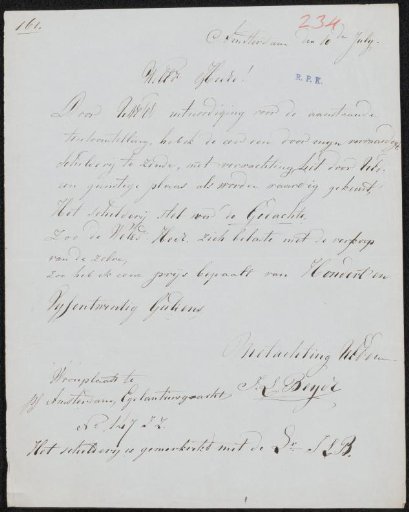 Letter to the committee of the Exhibition of Living Masters in Utrecht