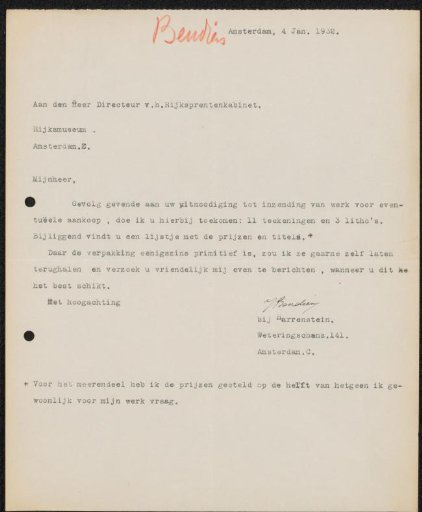 Letter to Jonkheer Hendrik Teding van Berkhout (1879-1969)