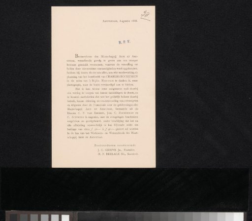 Letter concerning the bust of Charles Rochussen presented on the occasion of his seventieth birthday