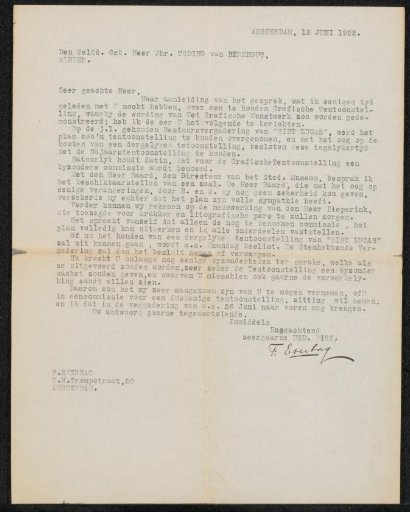 Letter to Jonkheer Hendrik Teding van Berkhout (1879-1969)