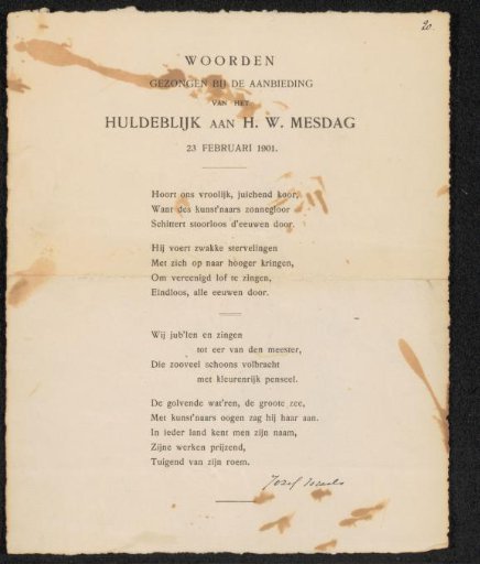 Words sung at the presentation of the tribute to Hendrik Willem Mesdag