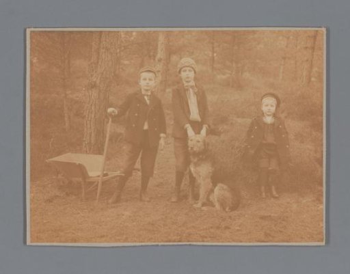 Group portrait of Lucas, Willem and Goverdus Henricus Jonker with a dog in the woods