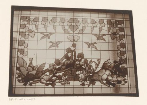 Stained-glass window with a fruit basket, game, poultry, and fish