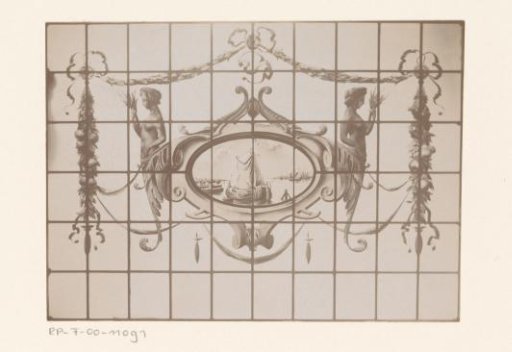 Stained-glass window with continents and sailing ships in a cartouche and caryatids
