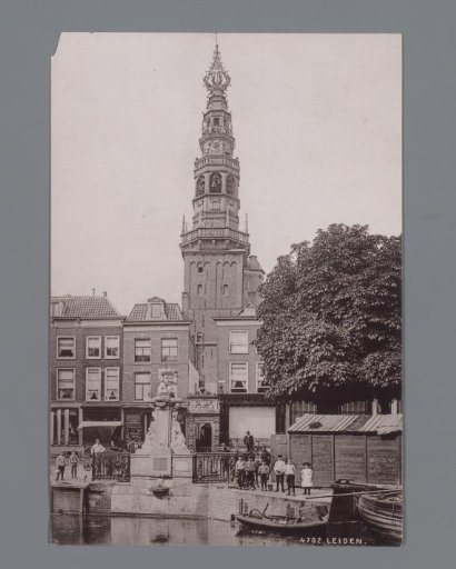 View of the Fish Market with the tower of the Town Hall in Leiden