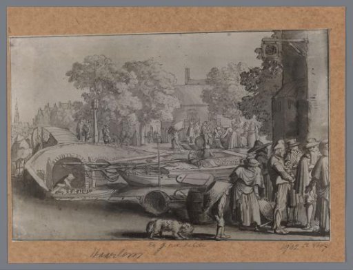Photographic reproduction of a drawing of a street scene in Haarlem by Esaias van de Velde
