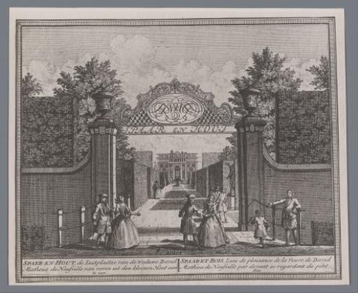 Photographic reproduction of a print of a view of the gate of the estate Spaar en Hout on the Kleine Houtweg in Haarlem by Hendrik de Leth