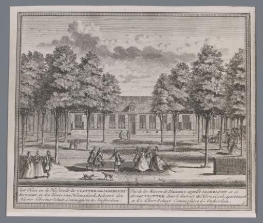Photographic reproduction of a print of a view of the house and farm Jagerlust, formerly De Vlotter, in Haarlem by Hendrik de Leth