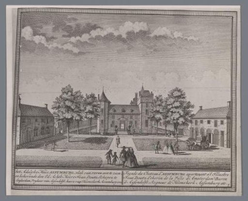 Photographic reproduction of a print of a view of the house Assumburg in Heemskerk by Hendrik de Leth