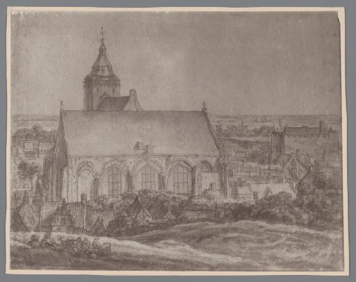 Photographic reproduction of a drawing of a view of the Buurkerk in Utrecht by Anthonie Waterloo