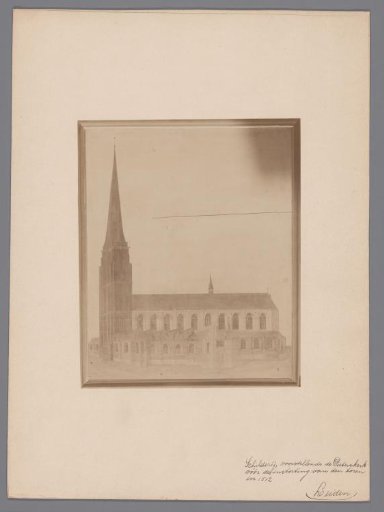 Photographic reproduction of a painting with the Pieterskerk in Leiden before the collapse of the tower in 1512