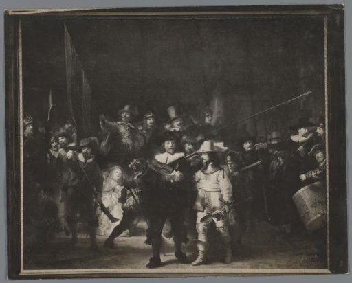 Photographic reproduction of the painting The Night Watch by Rembrandt