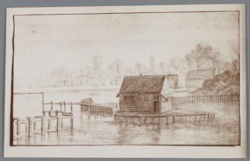 Photographic reproduction of a drawing of a house by the water