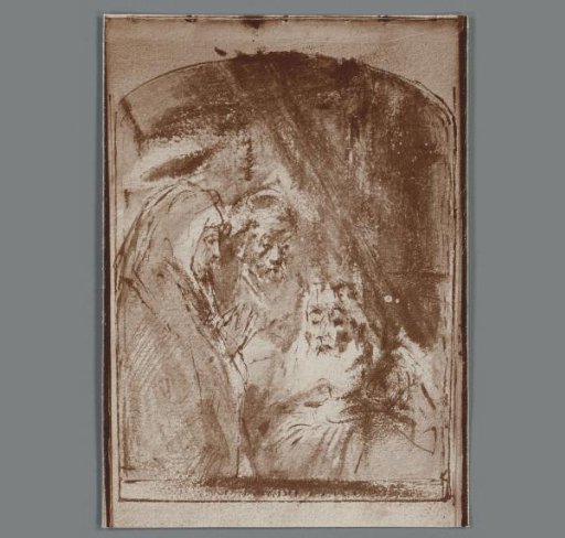 Photographic reproduction of a drawing of three figures by Rembrandt
