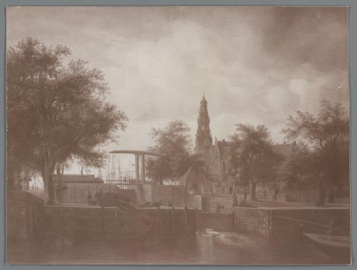 Photographic reproduction of a painting View of the Haarlemmer Lock and Haringpakkerstoren, after Meindert Hobbema