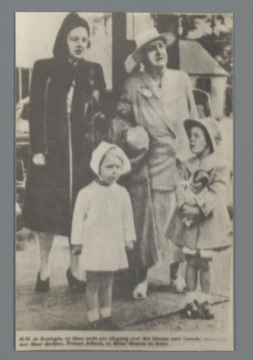 Photographic reproduction of a newspaper photograph of Queen Wilhelmina of the Netherlands with her daughter Crown Princess Juliana and granddaughters Princess Beatrix and Princess Irene in London