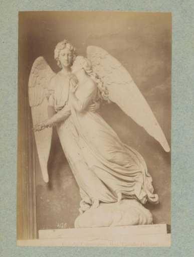 Sculpture of angel and girl after Federico Fabiani at the Staglieno Cemetery in Genoa, Italy