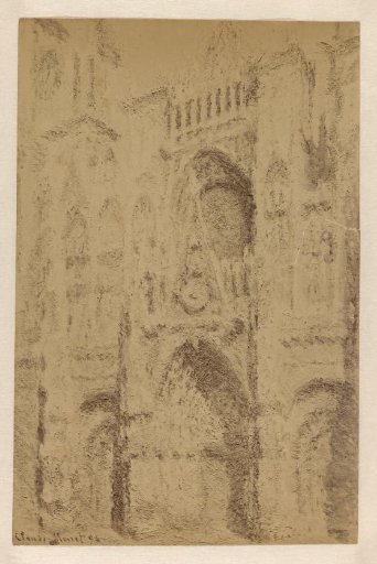 Photographic reproduction of a painting of the west façade of Rouen Cathedral in sunlight by Claude Monet