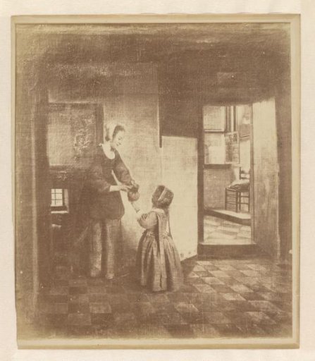 Photographic reproduction of a painting of a woman with a child in a cellar room by Pieter de Hooch