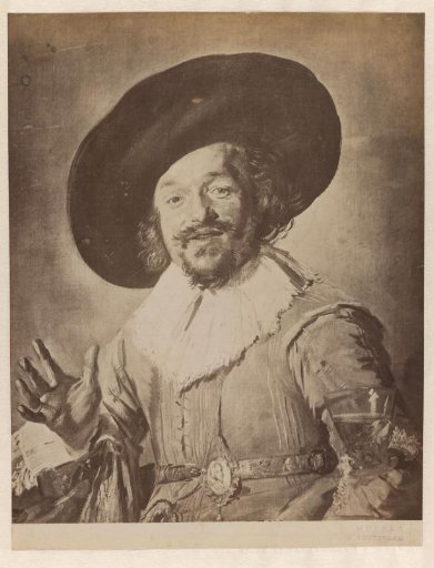 Photographic reproduction of a painting of a burgher holding a birch twig, known as 'The Merry Drinker', by Frans Hals