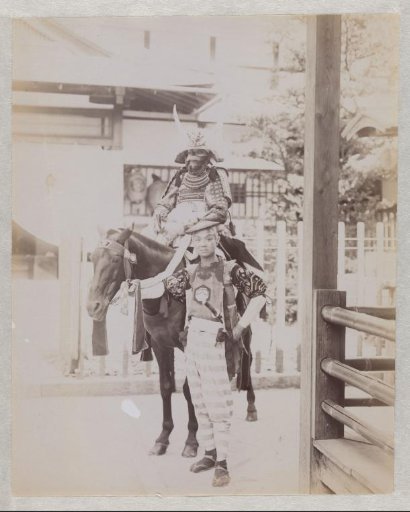 Portrait of Two Warriors with a Horse during the Gion Matsuri in Kyoto, Japan