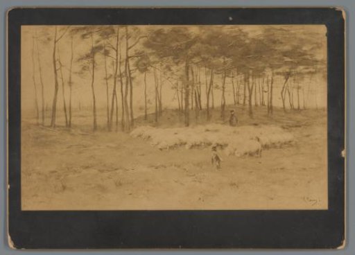 Photographic reproduction of a painting of a shepherd with sheep at the edge of a forest by Anton Mauve