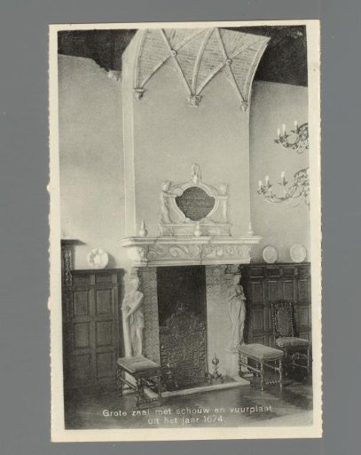 Great hall with fireplace and fireback from the year 1674
