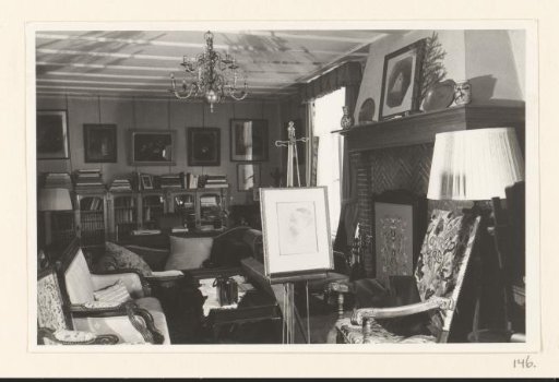 Interior of the house Groot Have in Almen, with a portrait of Andries Bonger in red chalk by Odilon Redon on the easel