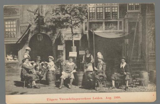 People in costume for a café during the Old Holland Festivals in Leiden