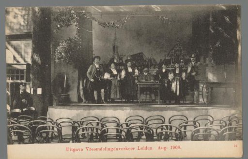 People in costume on a stage during the Old Holland Festivals in Leiden