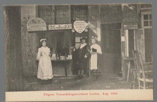 People in costume for a shop during the Old Holland Festivals in Leiden