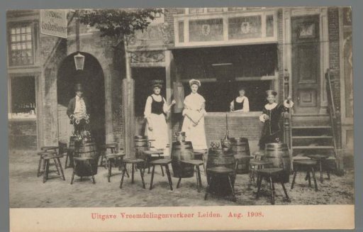 People in costume for a café during the Old Holland festivities in Leiden
