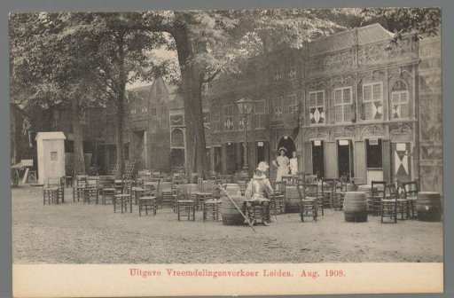 People in costume for a café during the Old Holland festivities in Leiden