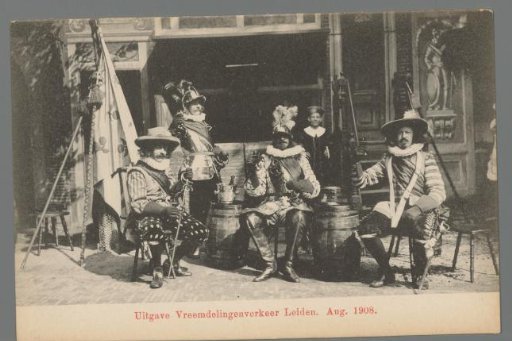 People in costume for a café during the Old Holland festivities in Leiden