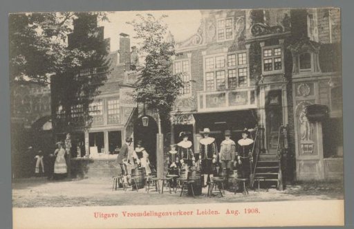 People in costume for a café during the Old Holland festivities in Leiden