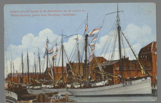 Loggers lying ready in the Outer Harbour to sail for the herring fishery, viewed from Hoofdlaan, Vlaardingen