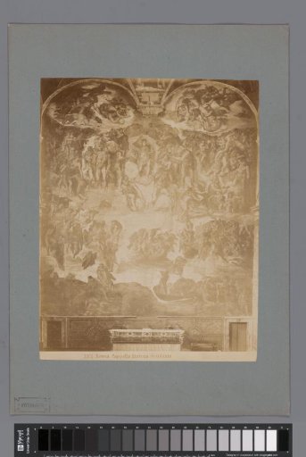 Photographic reproduction of a fresco of The Last Judgment by Michelangelo in the Sistine Chapel