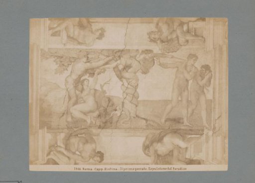 Photographic reproduction of the fresco The Fall and Expulsion from Paradise by Michelangelo in the Sistine Chapel