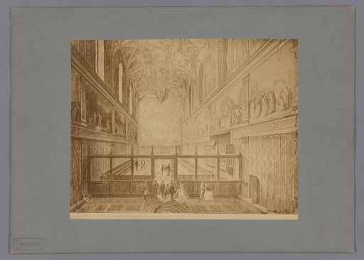 Photographic reproduction of a painting of the interior of the Sistine Chapel