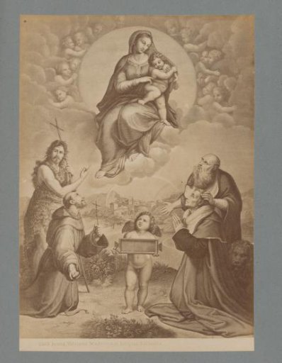 Photographic reproduction of an engraving after the painting Madonna Foligno by Raphael
