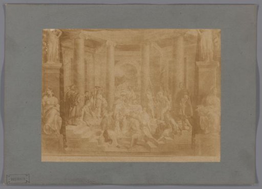 Photographic reproduction of a painting of a group of people including the Pope