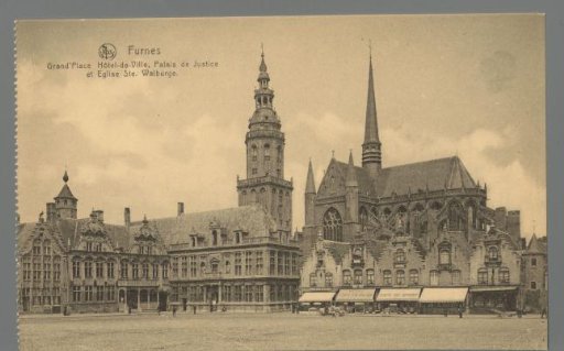 Furnes. Grand Place. Town Hall. Court of Justice and St. Walburga Church