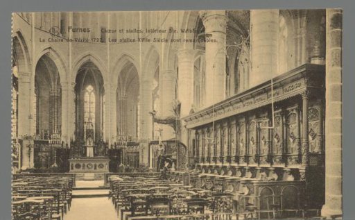 Furnes. Choir and stalls. Interior of St. Walburga. The Pulpit of Truth 1722. The 17th-century stalls are remarkable