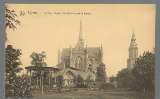 Furnes. The park, St. Walburga Church and the belfry