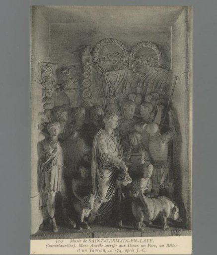 (Suovetaurilia). Marcus Aurelius sacrifices a pig, a ram, and a bull to the gods, in 174 AD