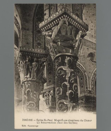 Issoire. St. Paul's Church. Magnificent capital of the Choir. The Resurrection (face of the Guards)