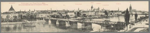 Panorama of Frankfurt a. Main. View from Sachsenhausen to Frankfurt with the Lower Main Bridge and Iron Footbridge
