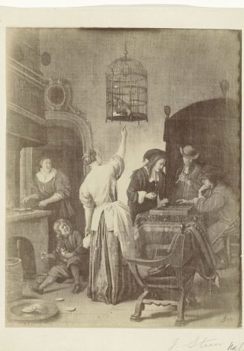 Photographic reproduction of the painting The Parrot Cage by Jan Steen