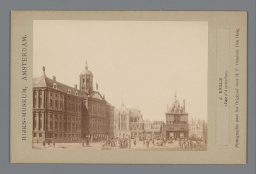 Photographic reproduction of a painting of a view of the Dam in Amsterdam by Jan Ekels I