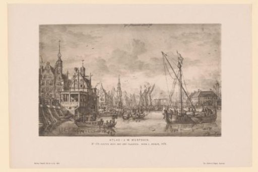 Reproduction of a drawing of a view of Amsterdam with the New Bridge and the Paal House by J. Storck